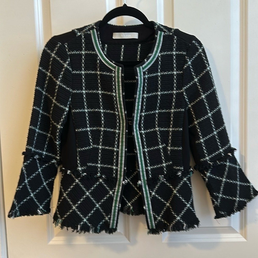 Bianca Tweed Sweater Blazer Black & White Plaid, Green Accent - Size XS/S